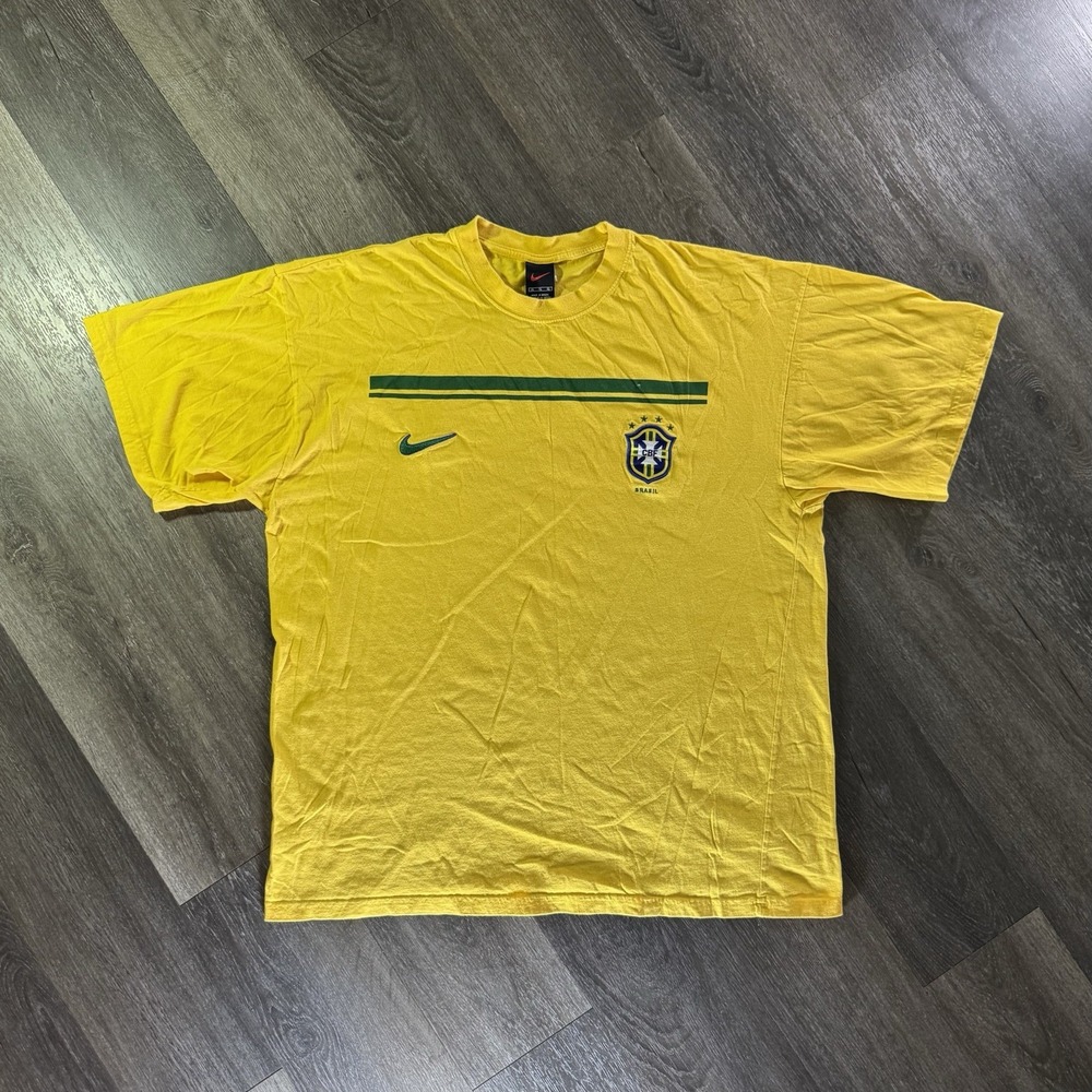 VTG Nike Brazil National Team Soccer T Shirt Men's XL Yellow CBF Football Tee